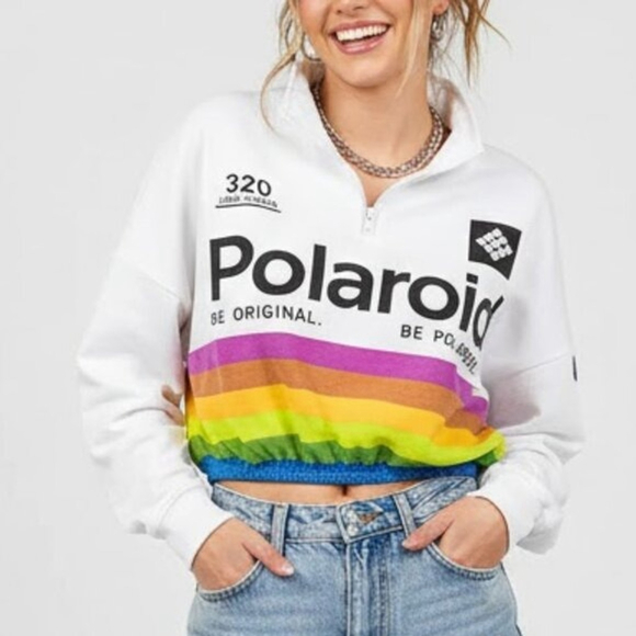 Polaroid Cropped Quarter Zip Sweatshirt Women XL White Rainbow Retro Pride - Picture 1 of 7